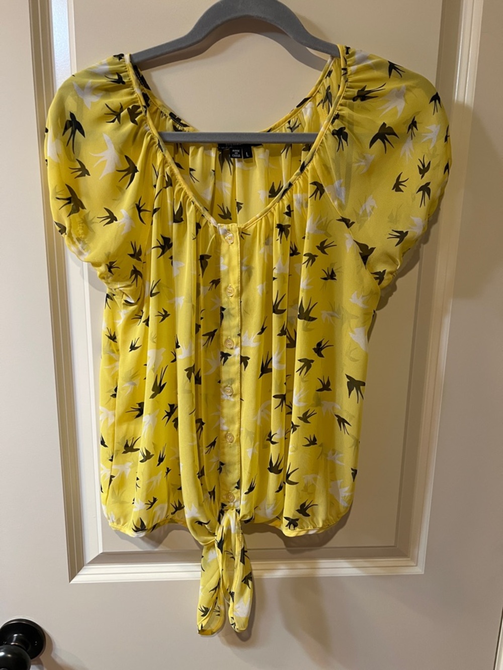 My Michelle Yellow Bird-Print Tie-Front Blouse H112